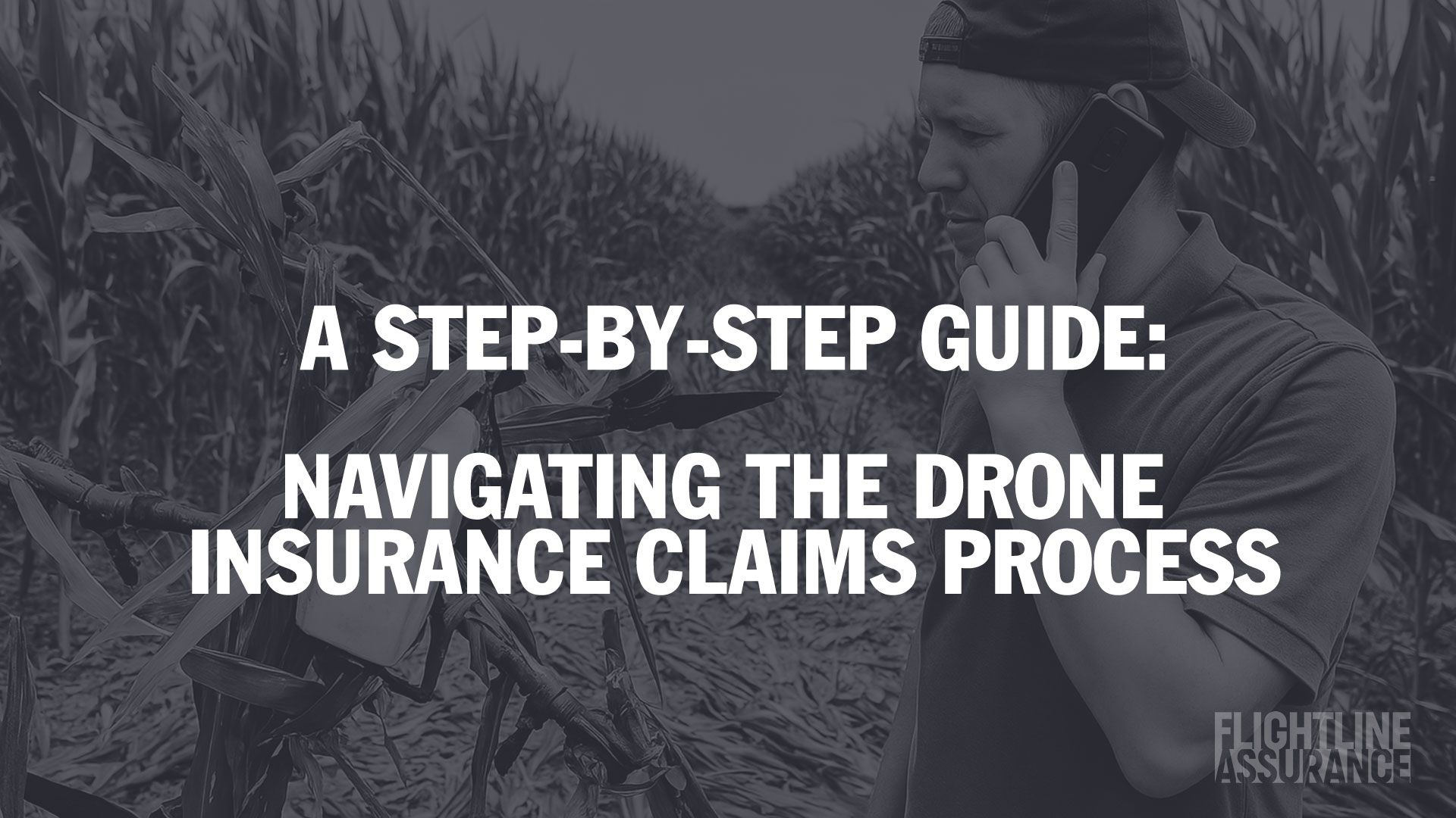 Spray drone pilot on phone in cornfield next to a crashed drone, representing Flightline Assurance’s drone insurance claims process guide.