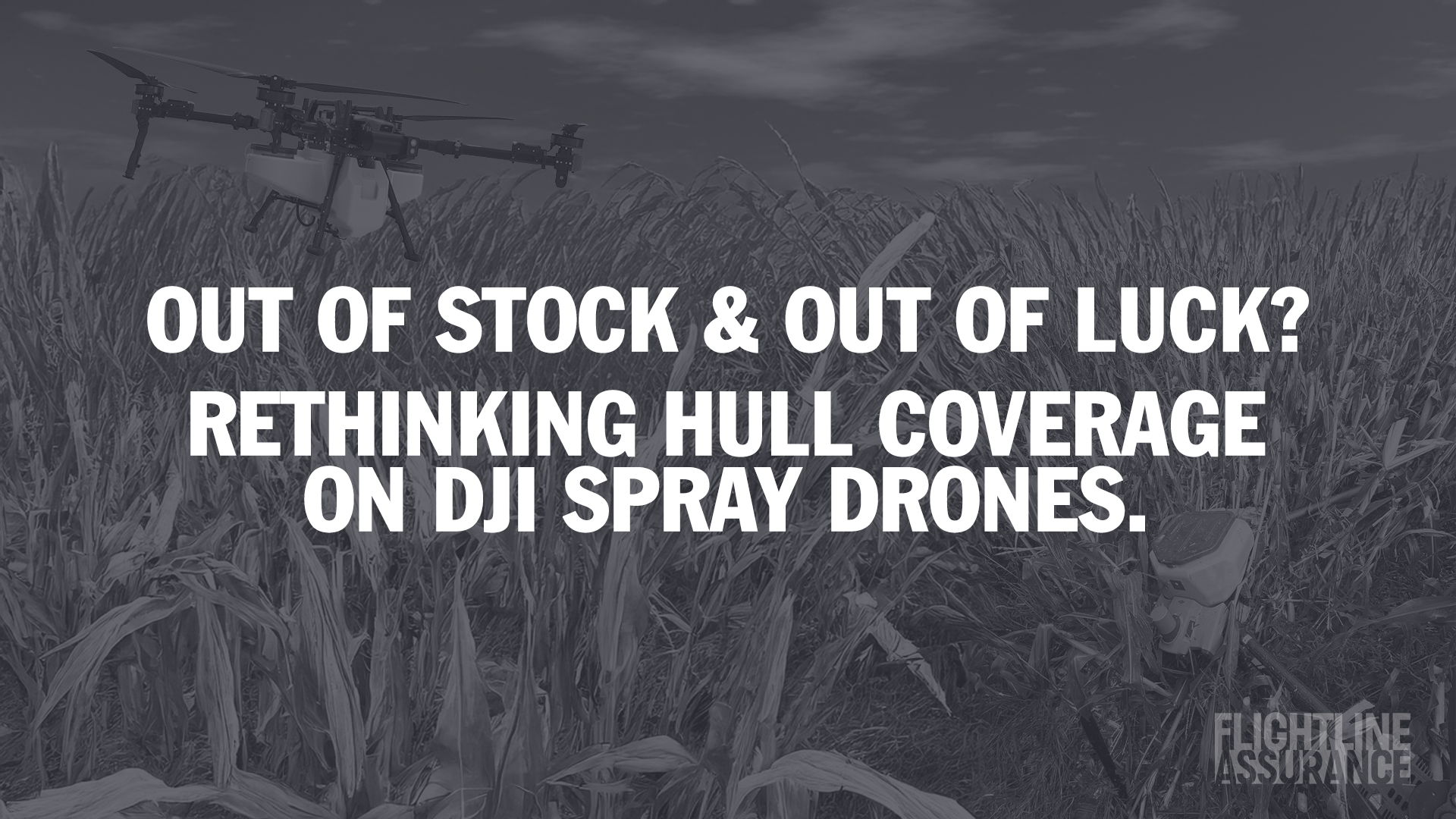 A functioning spray drone sits in a farm field at sunset, with a crashed drone in the foreground, symbolizing the risk of operational downtime.